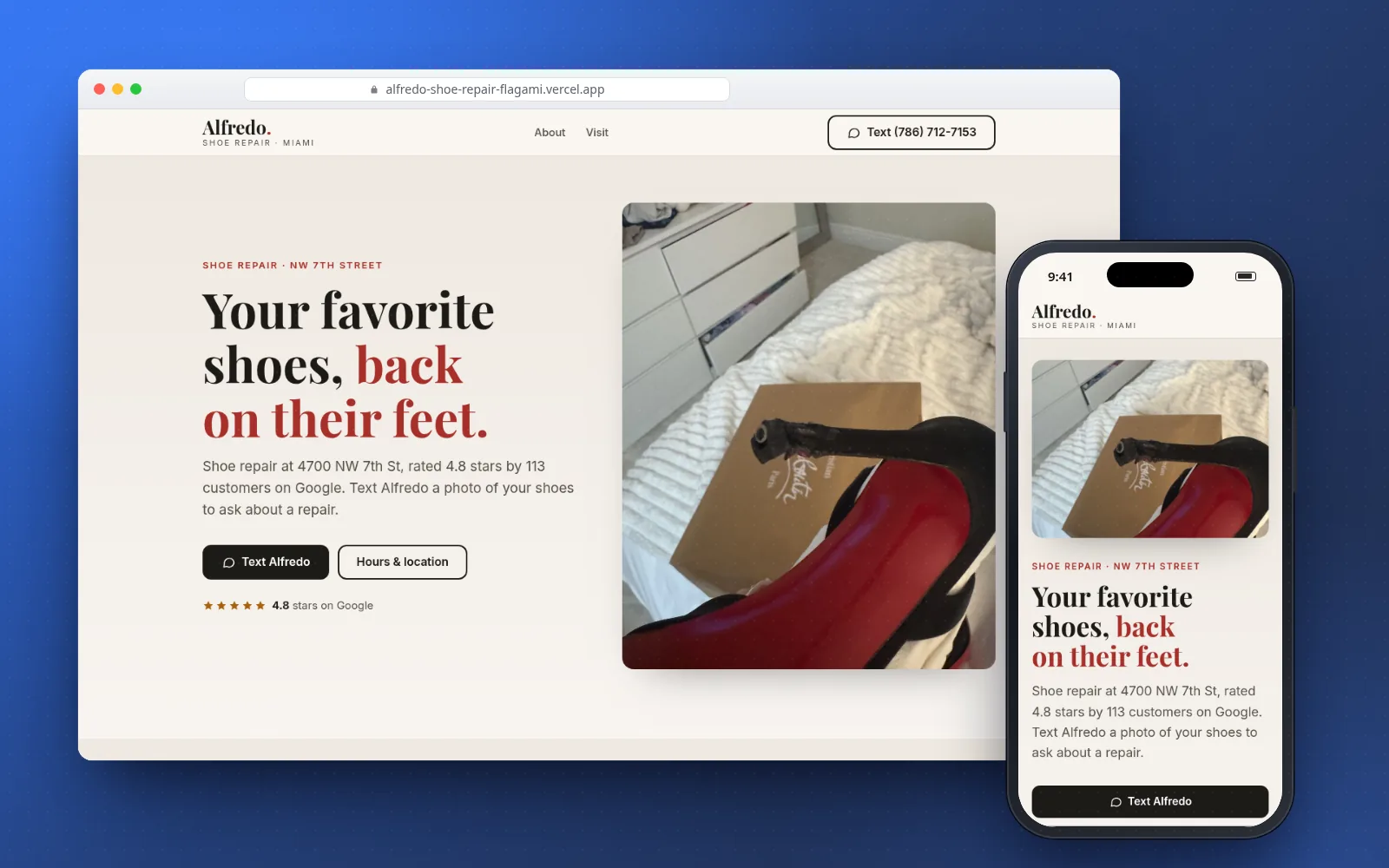 Alfredo Shoe Repair website on a laptop and a phone