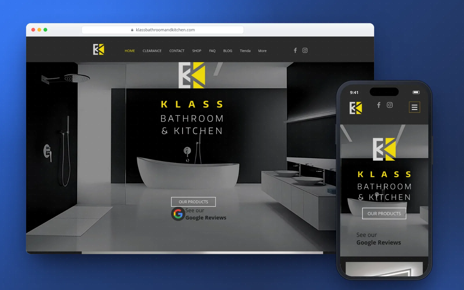 Klass Bathroom & Kitchen website on a laptop and a phone