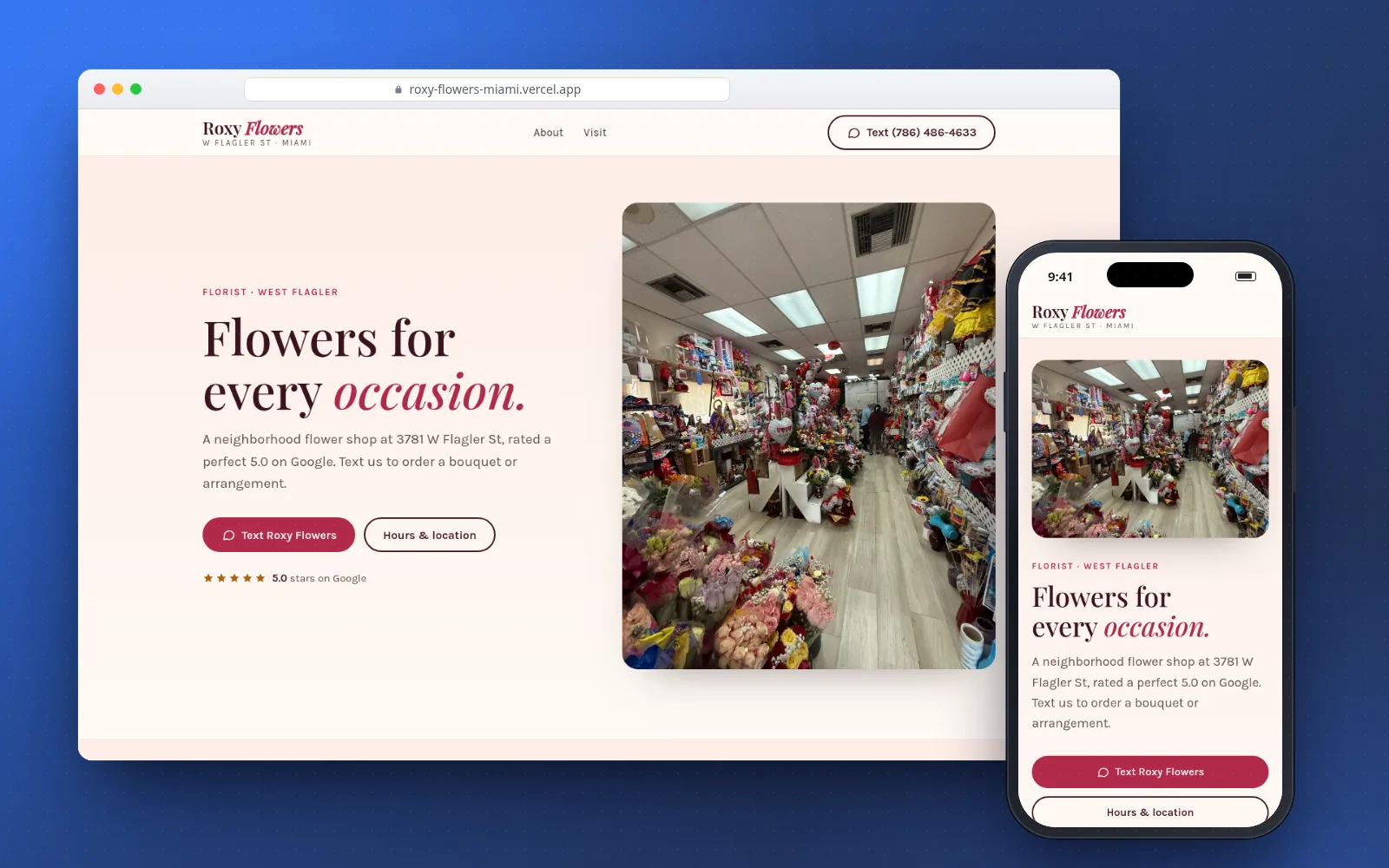 Roxy Flowers website on a laptop and a phone