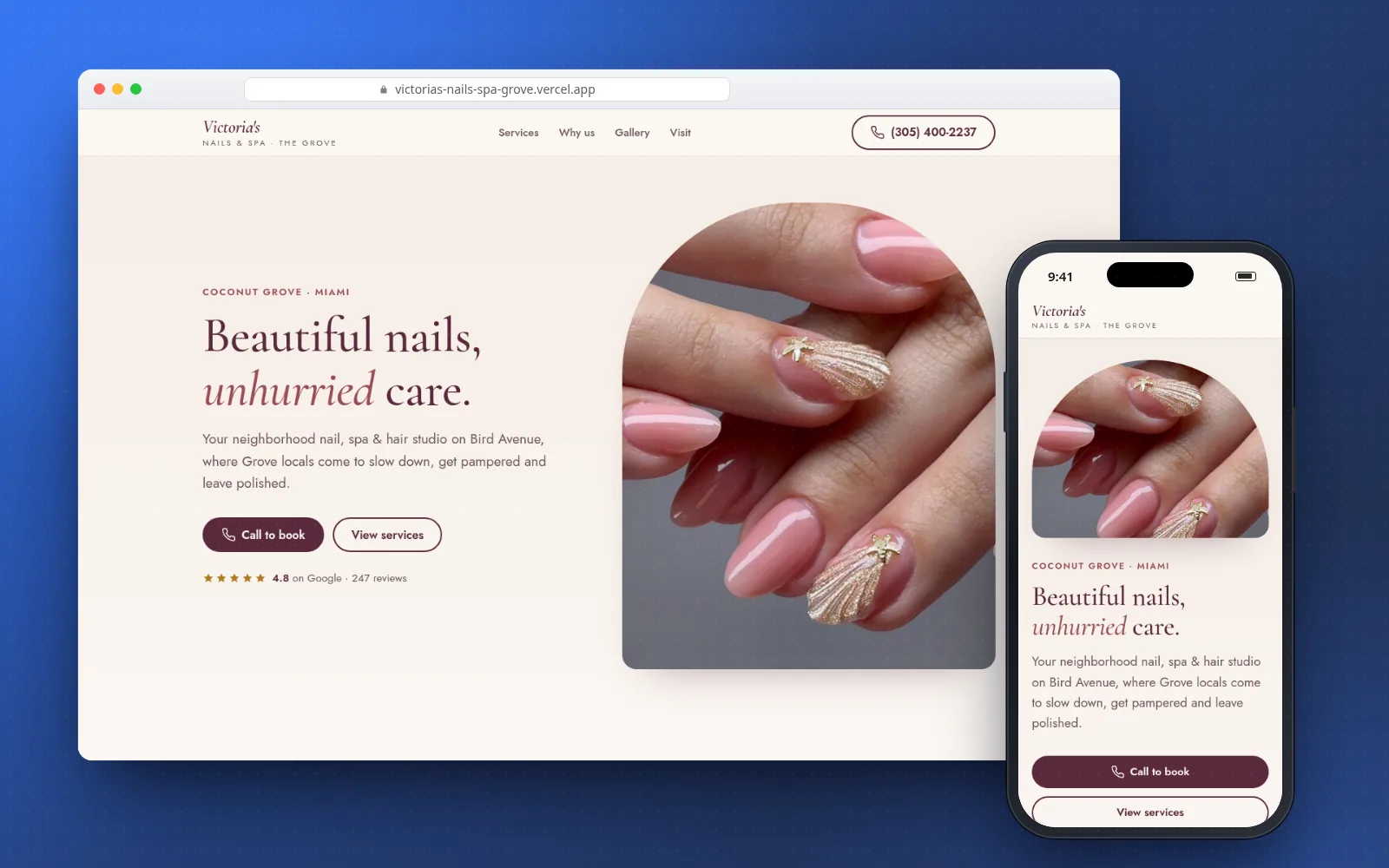 Victoria's Nails & Spa website on a laptop and a phone